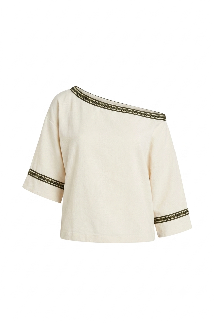 Kayık Yaka Ekru Şile Bezi Crop Bluz
